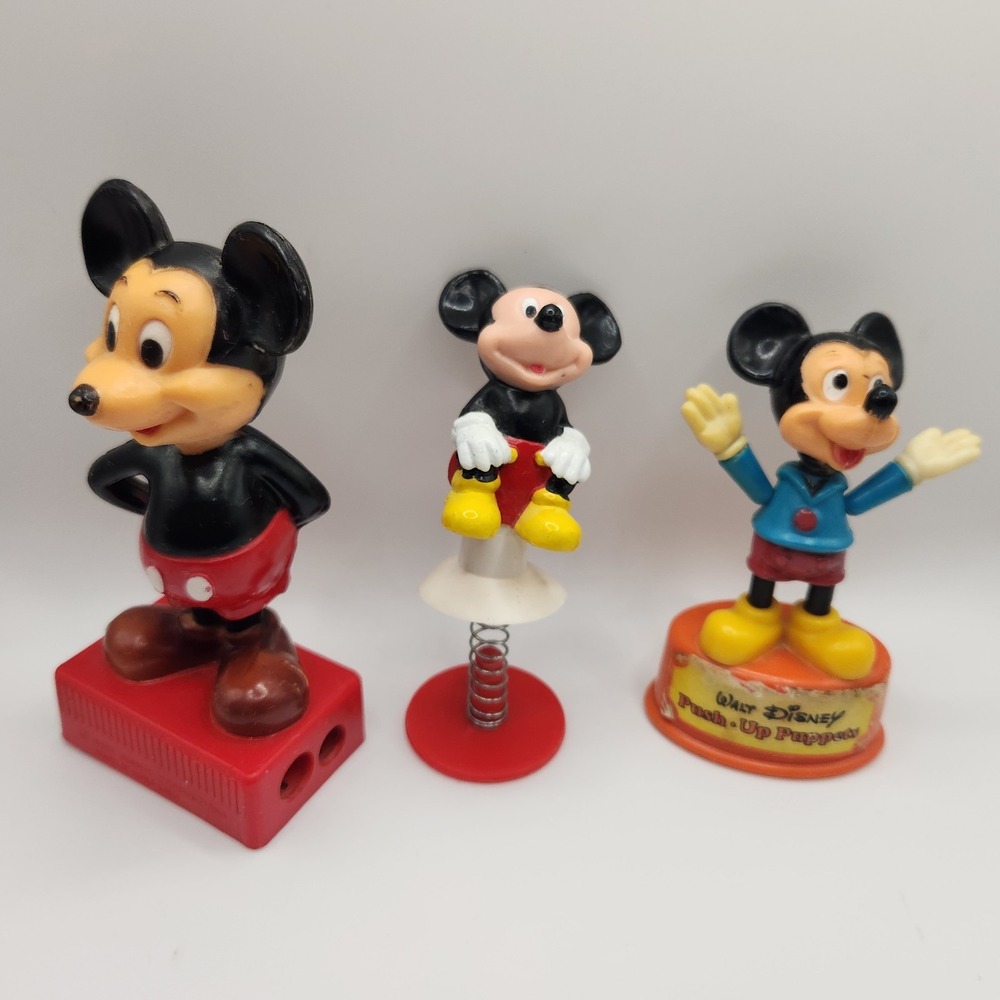 Vintage Disney Mickey Mouse Lot of 3 Toys Pencil Sharpener, Pop‎ Up, Push Puppet